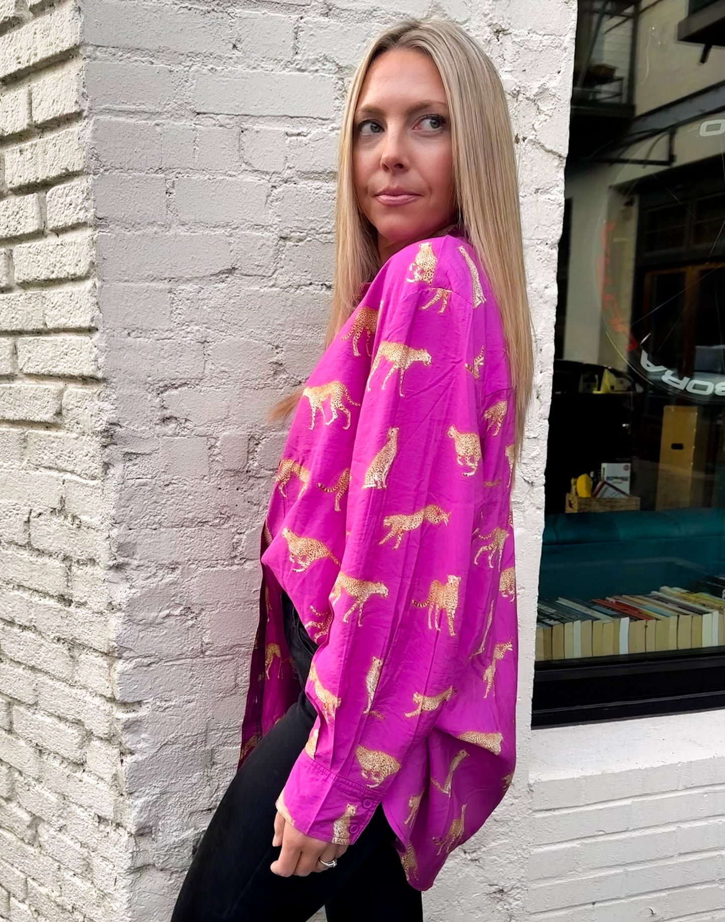 As Fast As I Can Fuchsia Cheetah Button Up Top