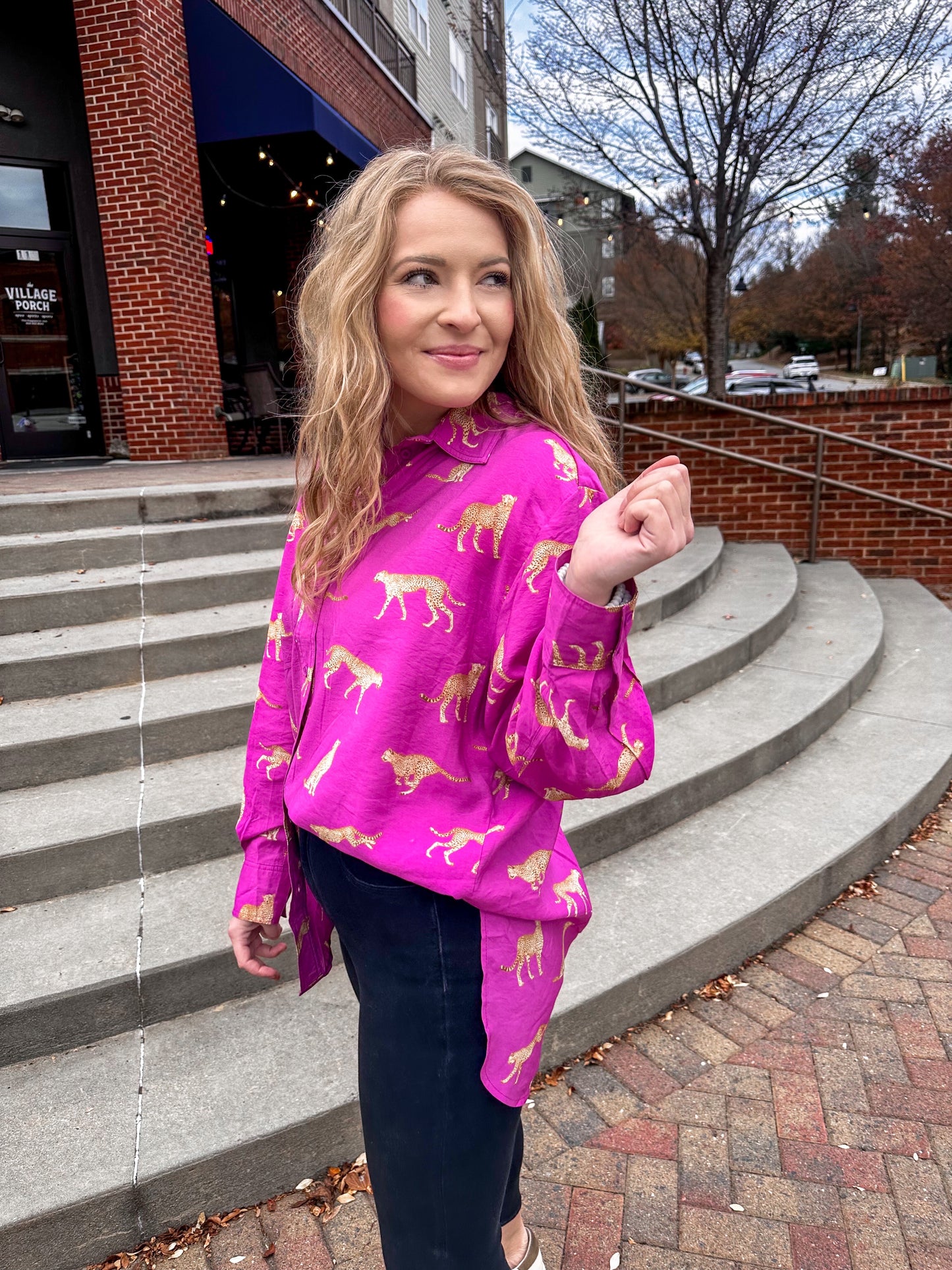 As Fast As I Can Fuchsia Cheetah Button Up Top