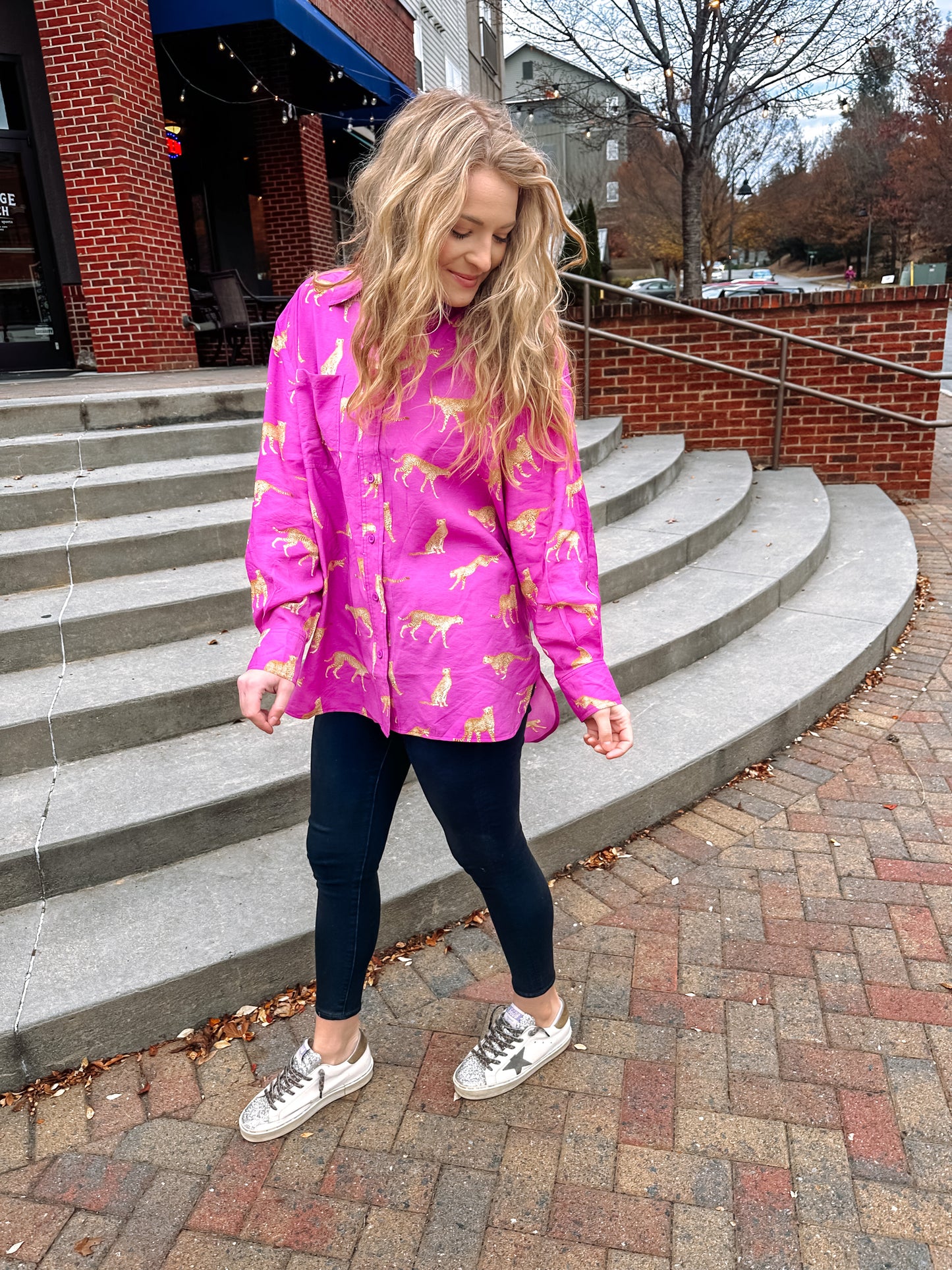 As Fast As I Can Fuchsia Cheetah Button Up Top