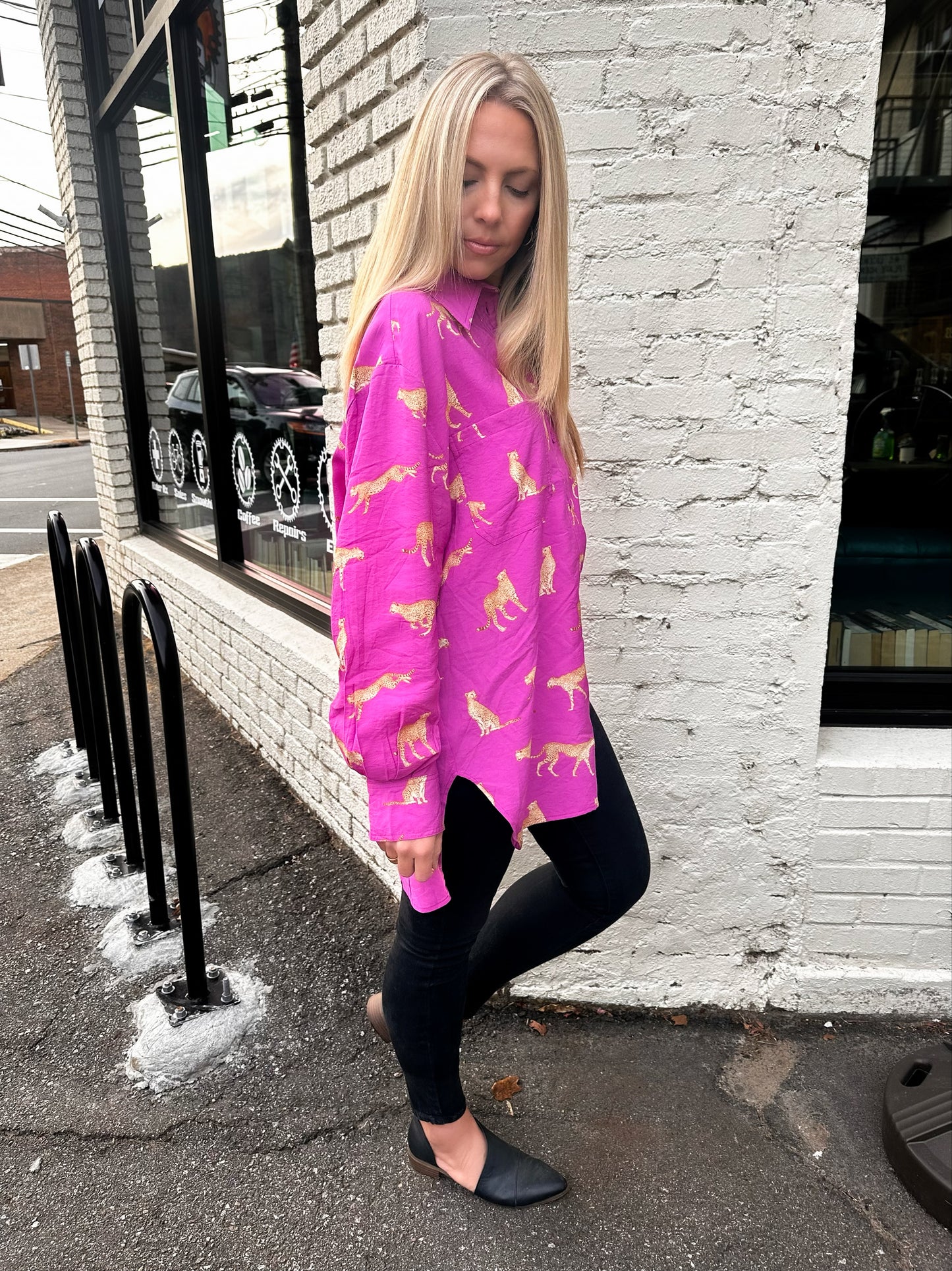 As Fast As I Can Fuchsia Cheetah Button Up Top