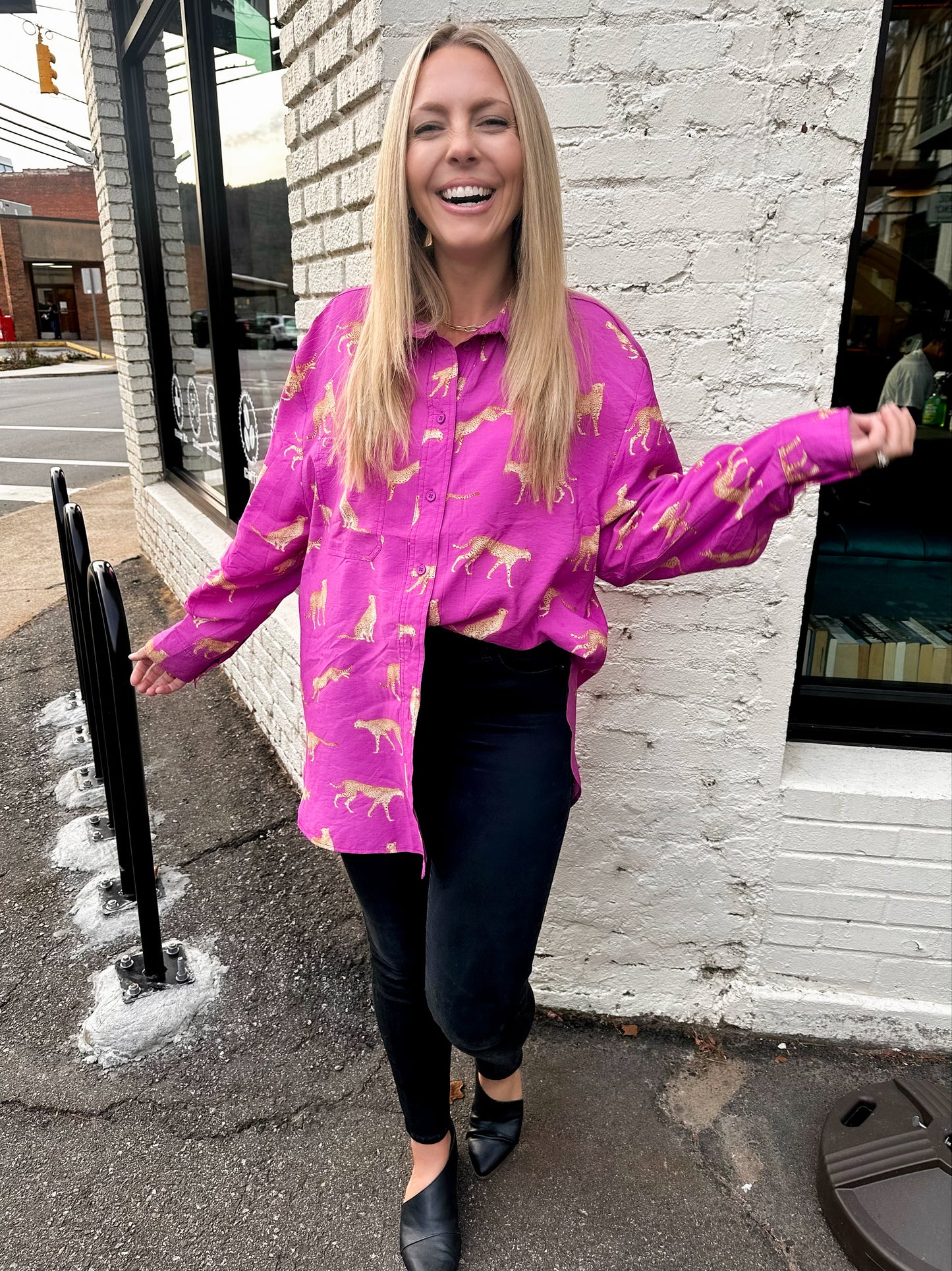 As Fast As I Can Fuchsia Cheetah Button Up Top