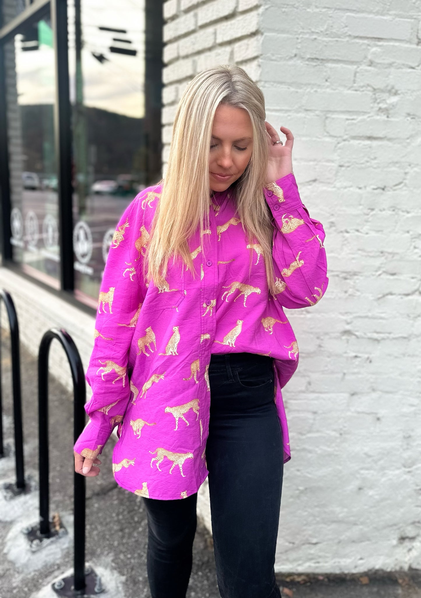 As Fast As I Can Fuchsia Cheetah Button Up Top