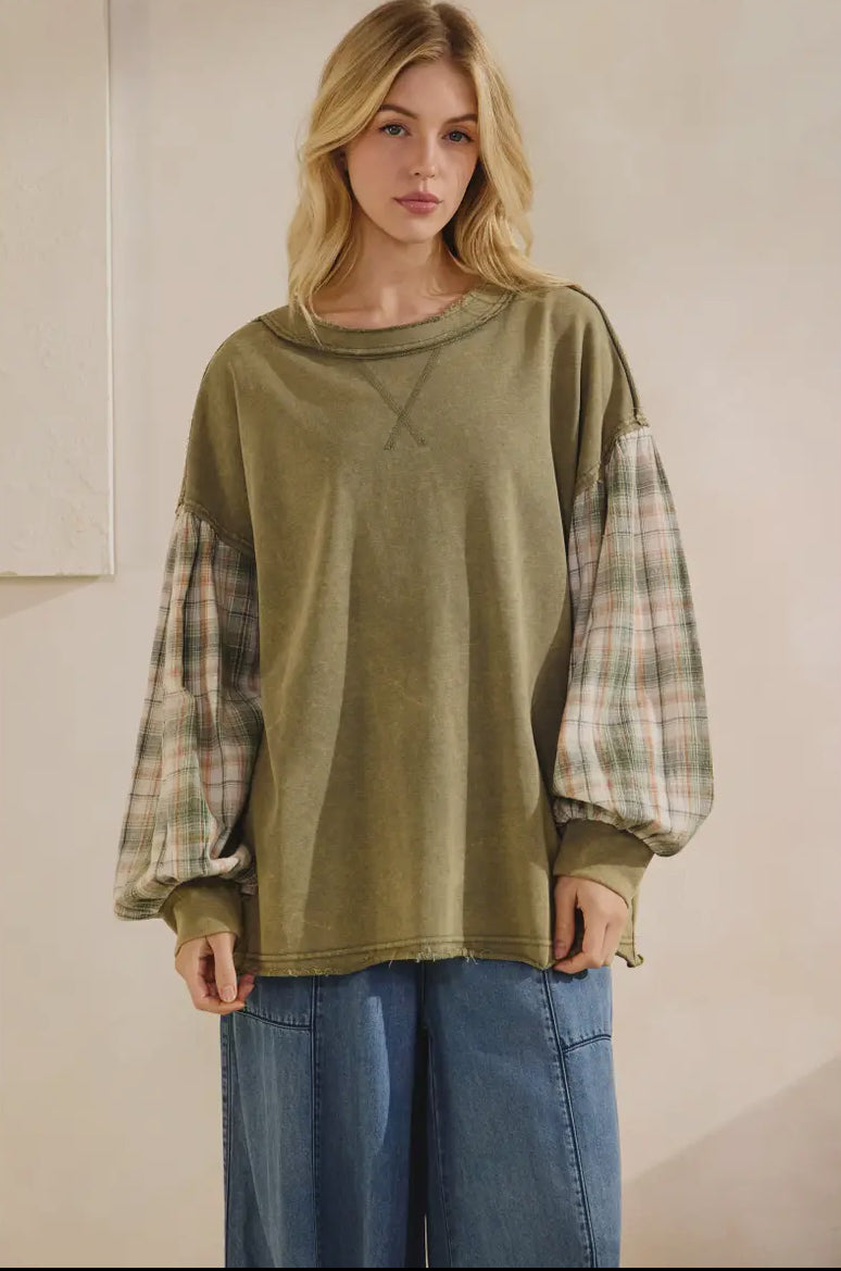 Olive Flannel Sleeve Slouchy Top