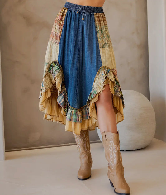 Boho Patchwork Denim Midi Skirt