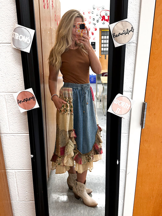 Boho Patchwork Denim Midi Skirt