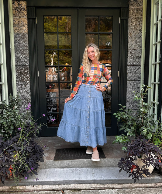 Folklore Tiered Denim Maxi Skirt
