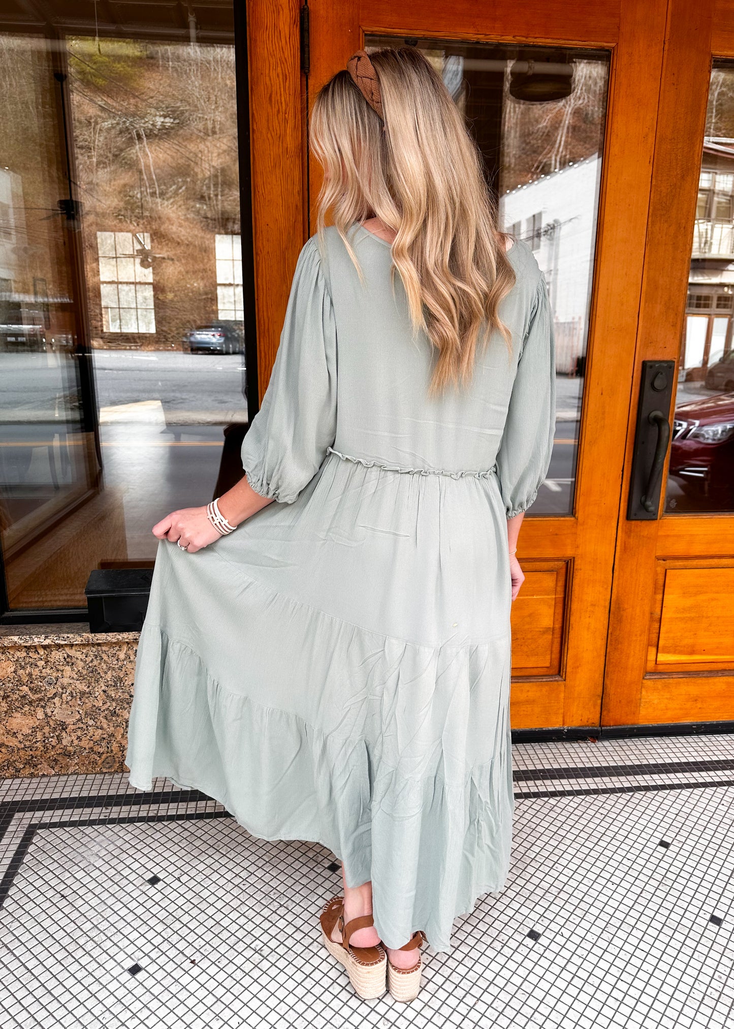 Shine Through Tiered Sage Midi Dress