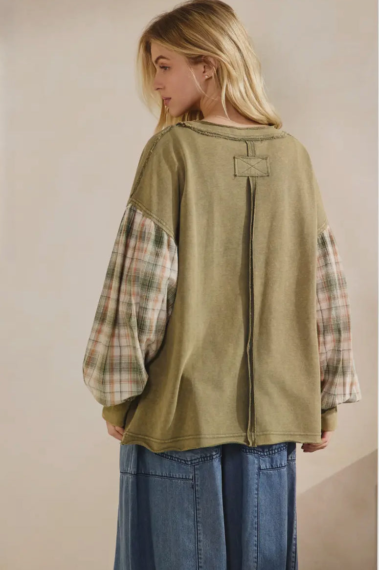Olive Flannel Sleeve Slouchy Top