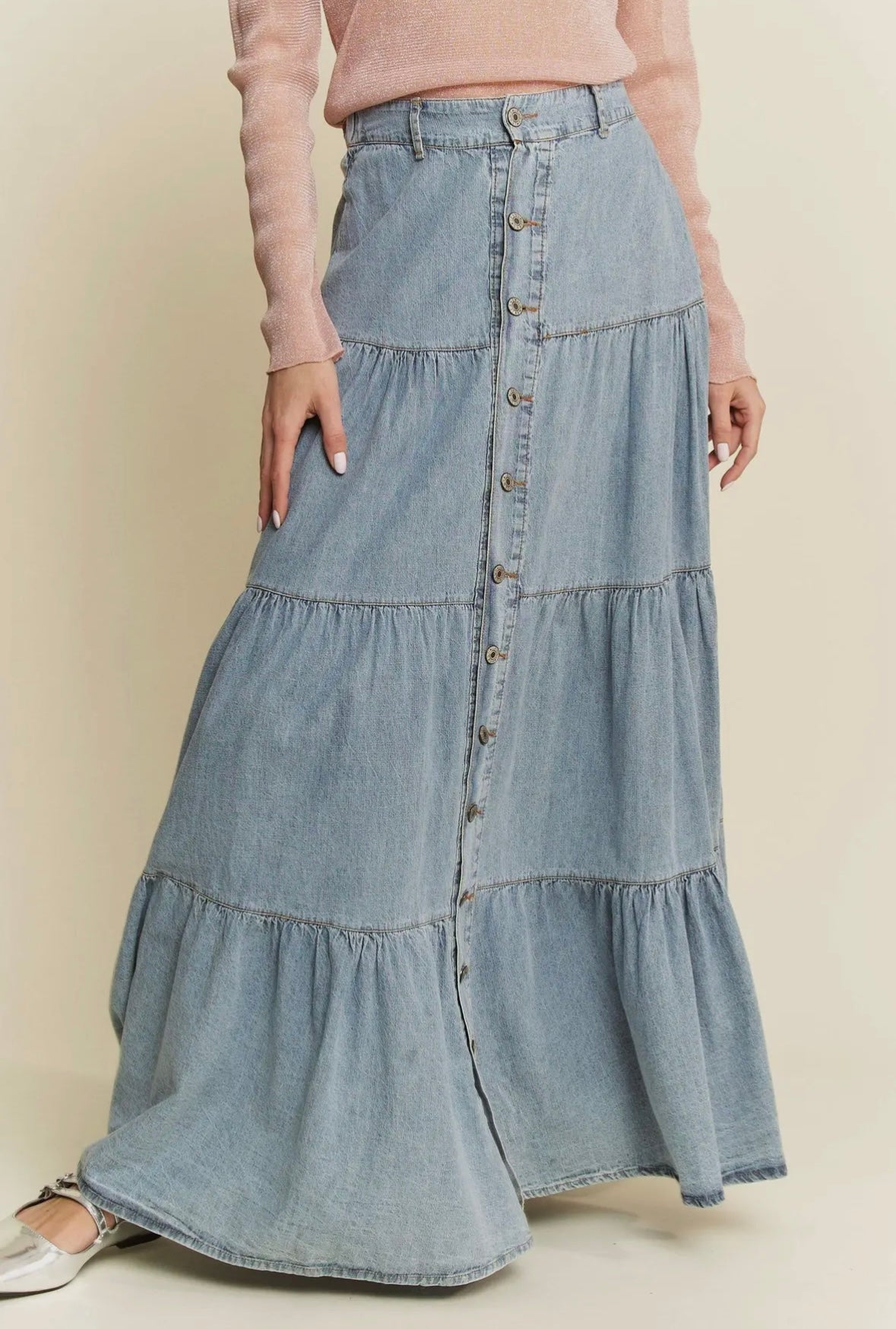 Folklore Tiered Denim Maxi Skirt