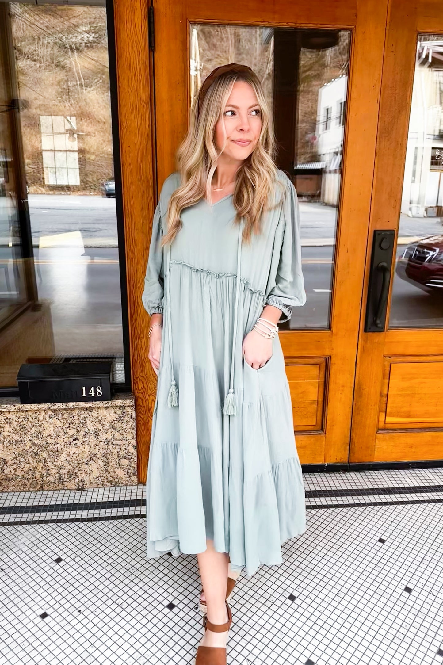 Shine Through Tiered Sage Midi Dress