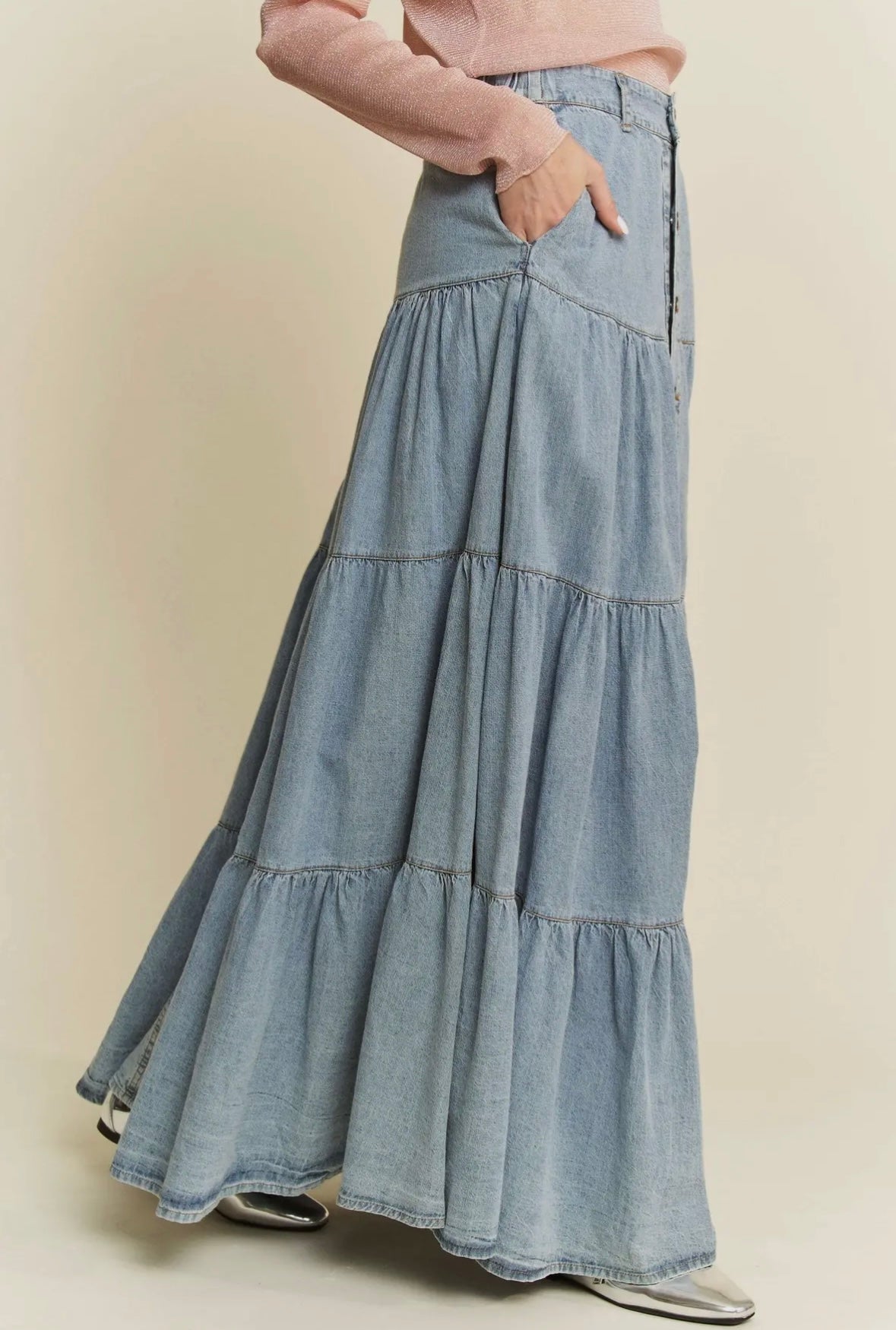 Folklore Tiered Denim Maxi Skirt