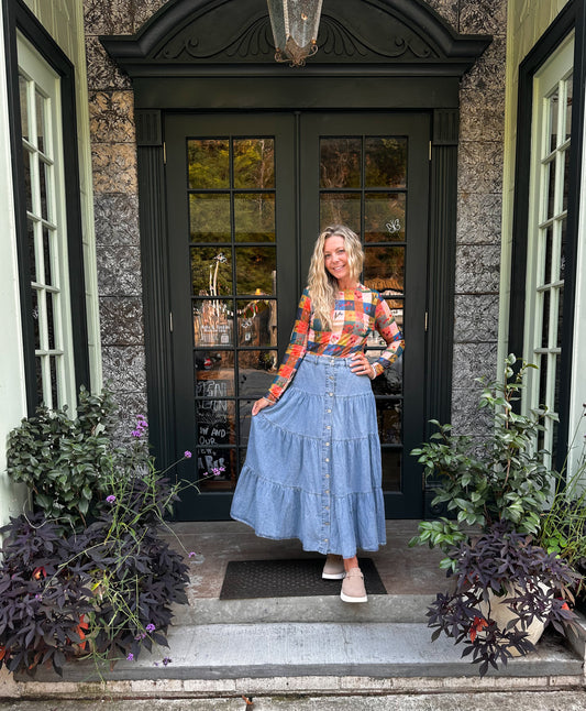 Folklore Tiered Denim Maxi Skirt