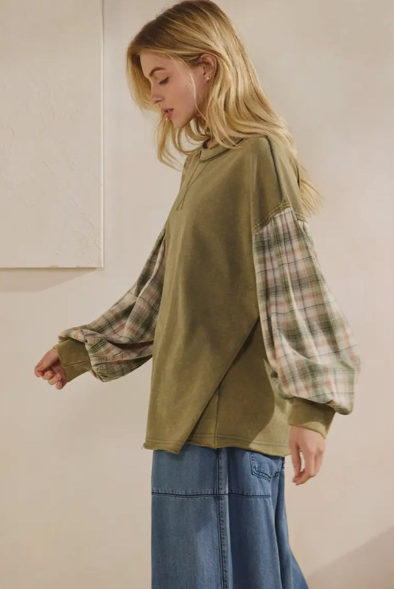 Olive Flannel Sleeve Slouchy Top