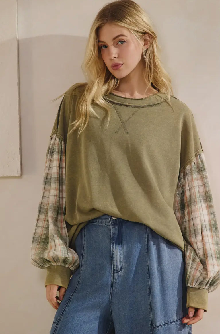 Olive Flannel Sleeve Slouchy Top