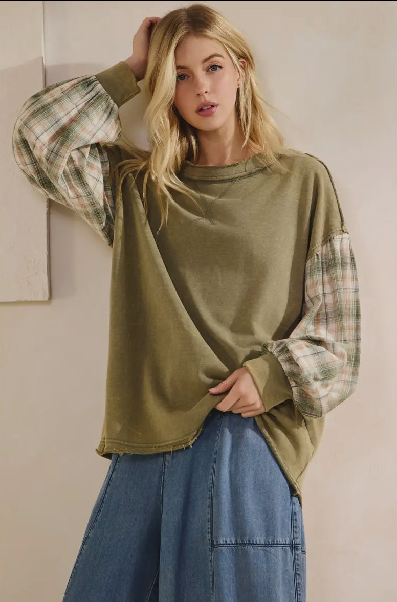 Olive Flannel Sleeve Slouchy Top
