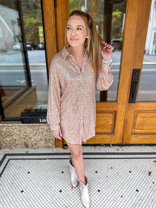 Thread Of Gold Champaign Sequin Button Up Dress