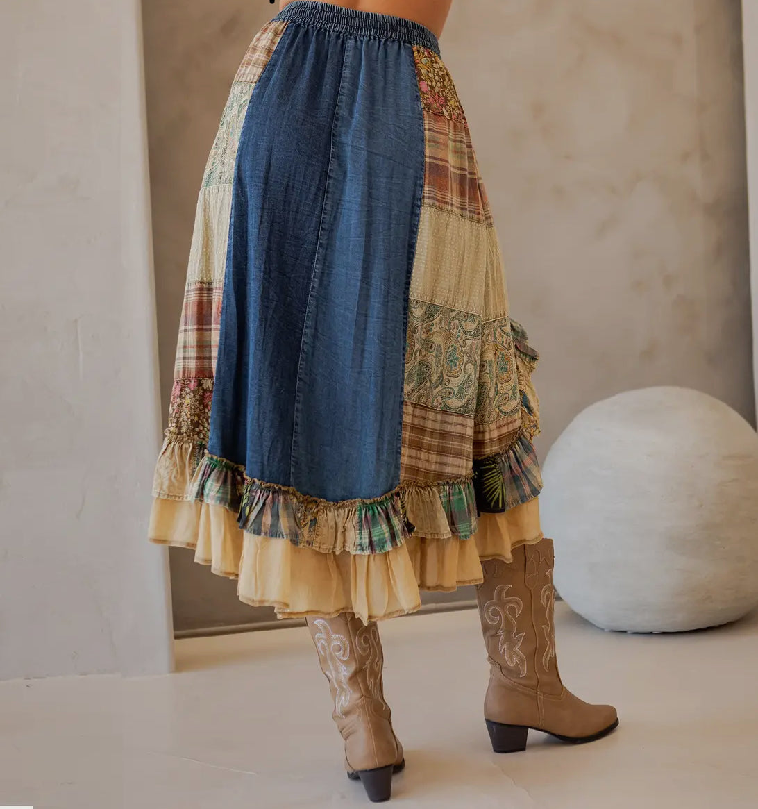 Boho Patchwork Denim Midi Skirt